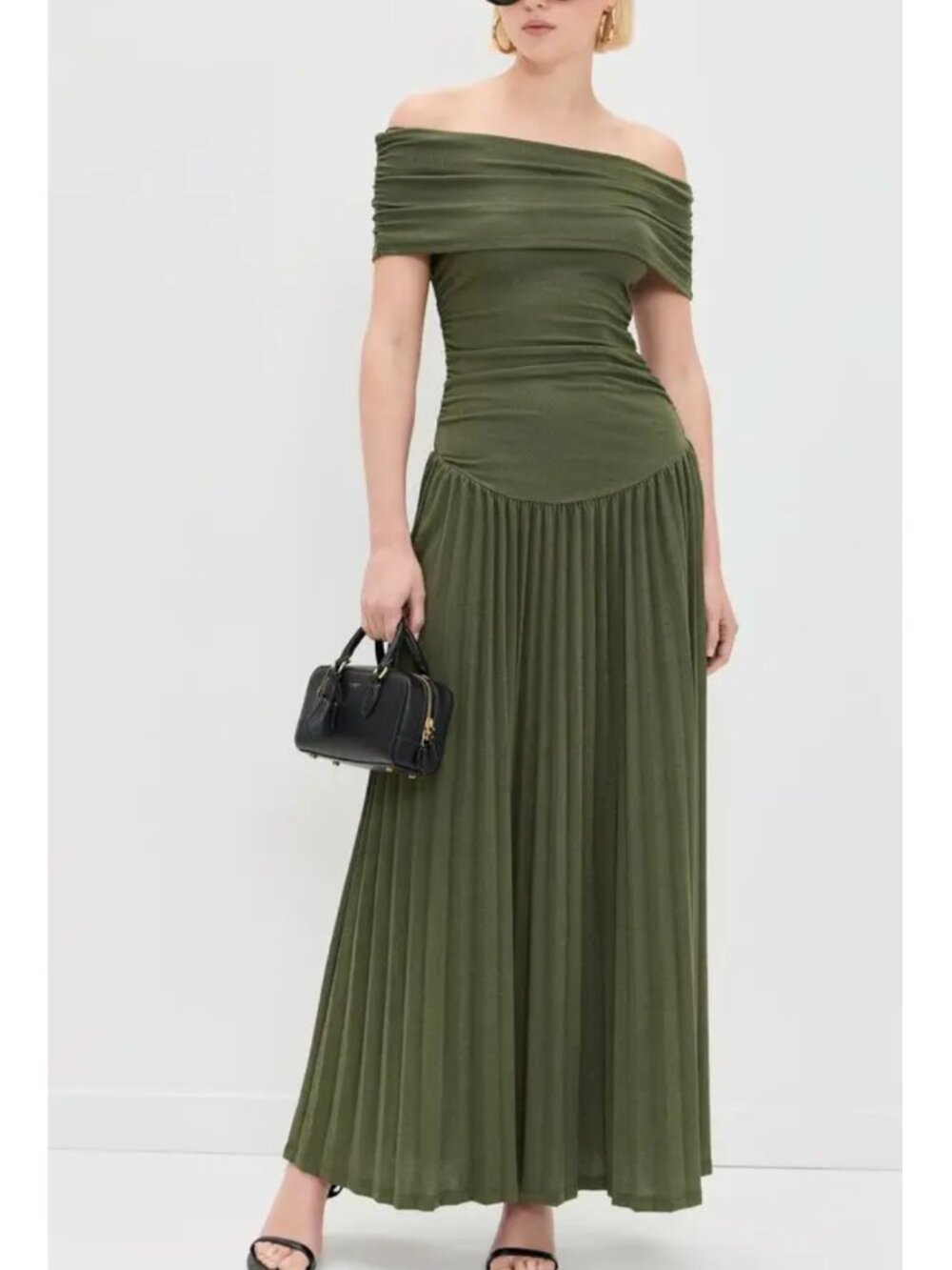 Lioness Olive Off-Shoulder Pleated Maxi Dress